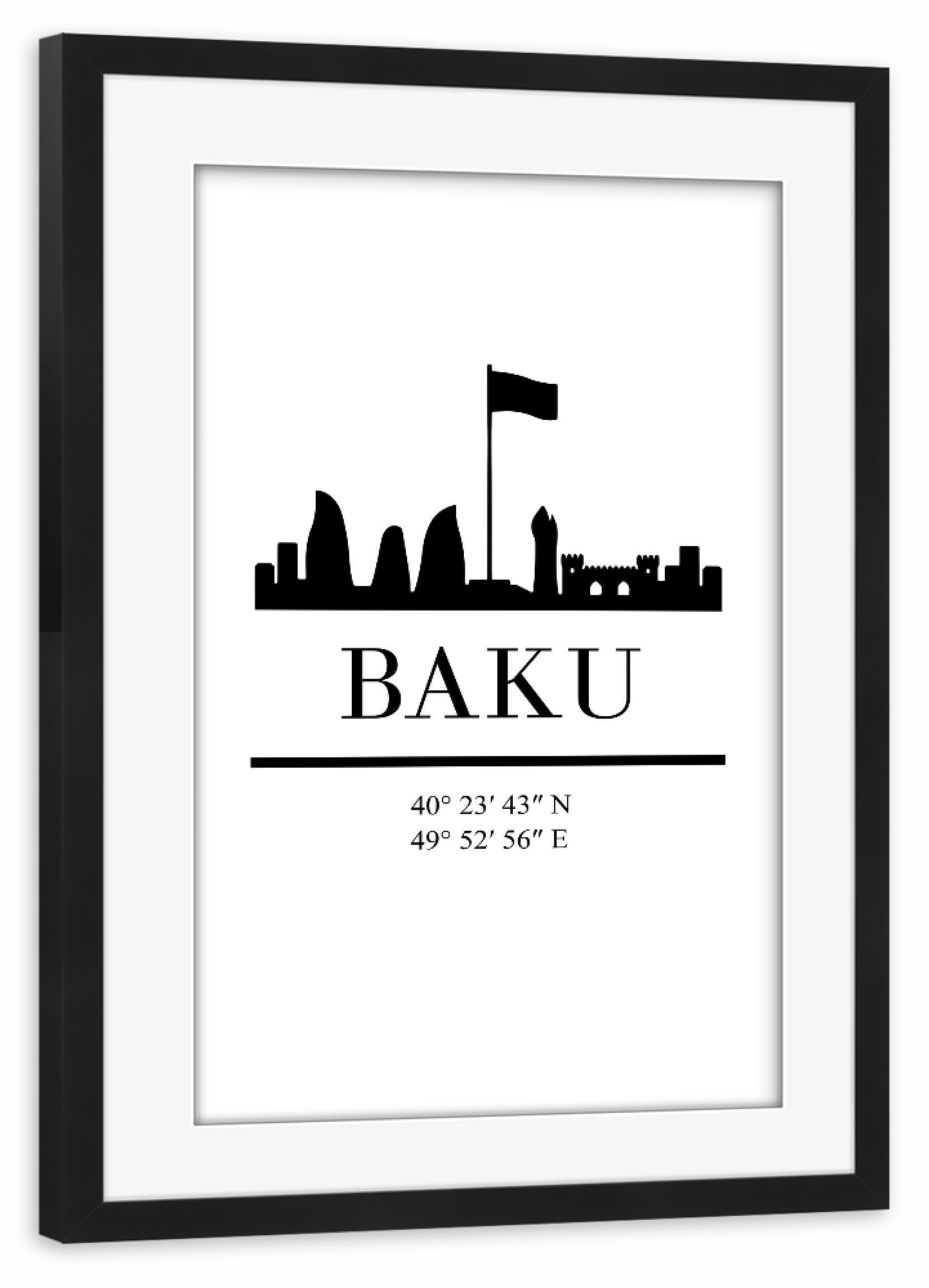 Poster mit Rahmen schwarz "BAKU AZERBAIJAN BLACK SKYLINE ART" artboxONE - Schwarzweiß,Städte / Weitere - Baku,Azerbaijan,Asia,Map,Skyline,Silhouette
