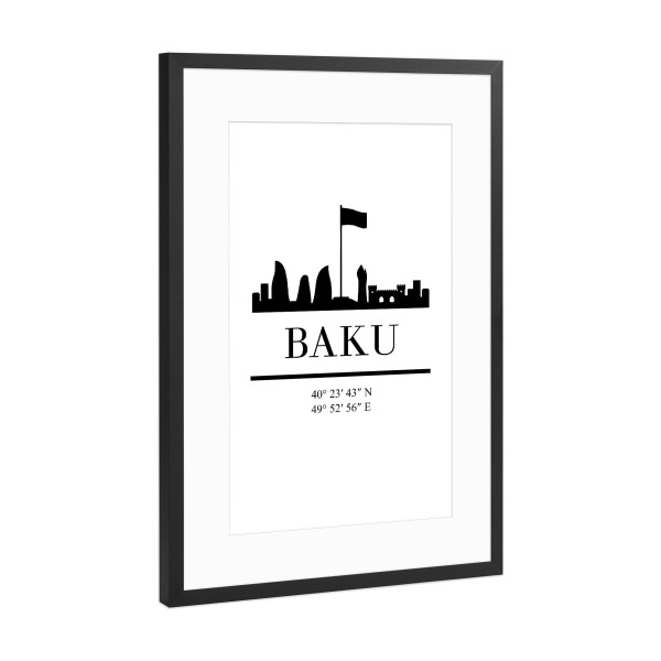 Poster mit Rahmen Schwarz (Metallic) "BAKU AZERBAIJAN BLACK SKYLINE ART" artboxONE - Schwarzweiß,Städte / Weitere