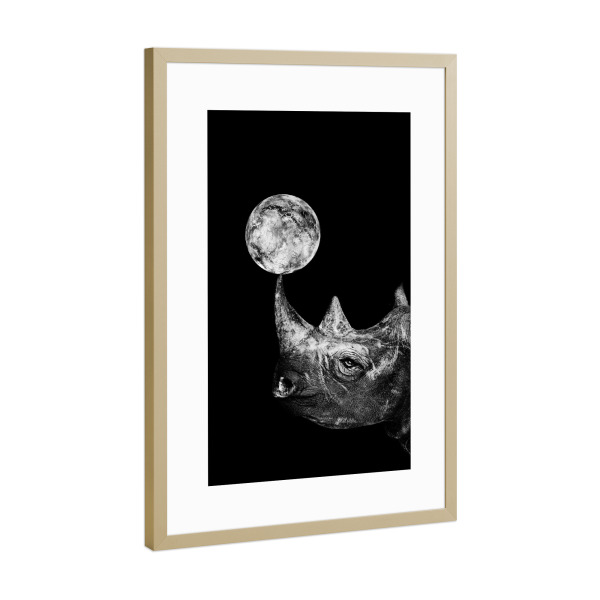 Poster mit Rahmen Gold "RhinoSPACE" artboxONE - Tiere,Schwarzweiß,Galaxy - Nashorn,Mond,Tier