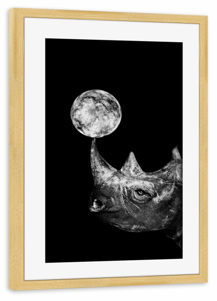 Poster mit Rahmen kiefer "RhinoSPACE" artboxONE - Tiere,Schwarzweiß,Galaxy - Nashorn,Mond,Tier