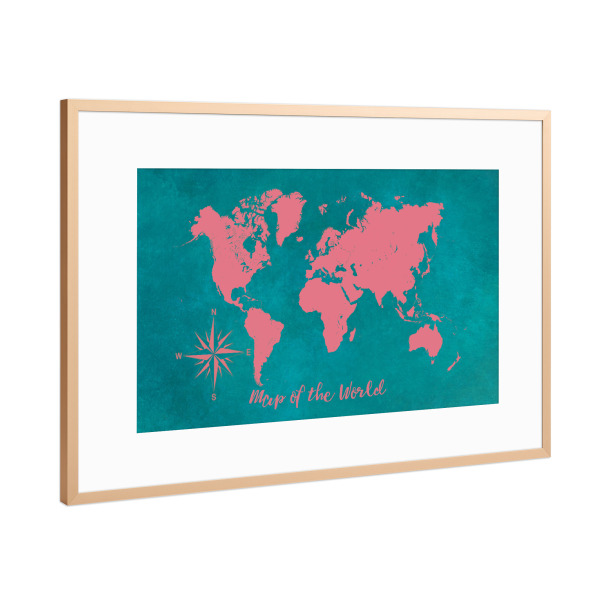 Poster mit Rahmen Kupfer "World map pink blue" artboxONE - Reise,Kartografie