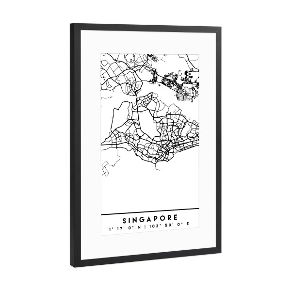 Poster mit Rahmen Schwarz (Metallic) "SINGAPORE BLACK CITY MAP" artboxONE - Städte,Reise,Schwarzweiß,Städte / Singapur,Kartografie