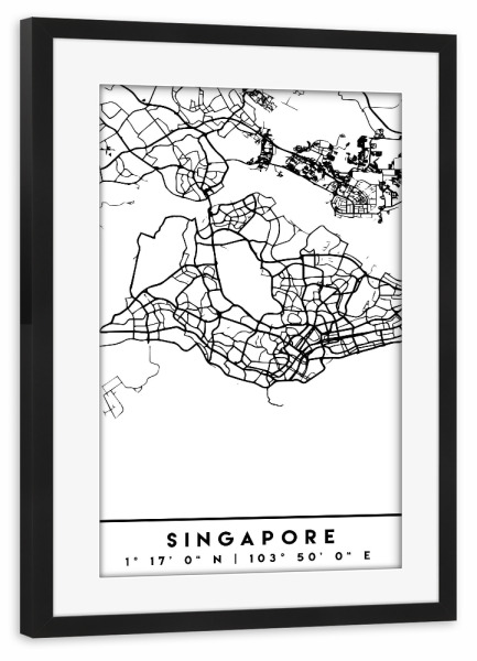 Poster mit Rahmen schwarz "SINGAPORE BLACK CITY MAP" artboxONE - Städte,Reise,Schwarzweiß,Städte / Singapur,Kartografie