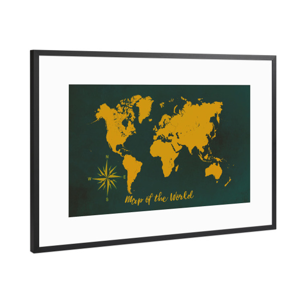 Poster mit Rahmen Schwarz (Metallic) "World map yellow dark green" artboxONE - Reise,Kartografie