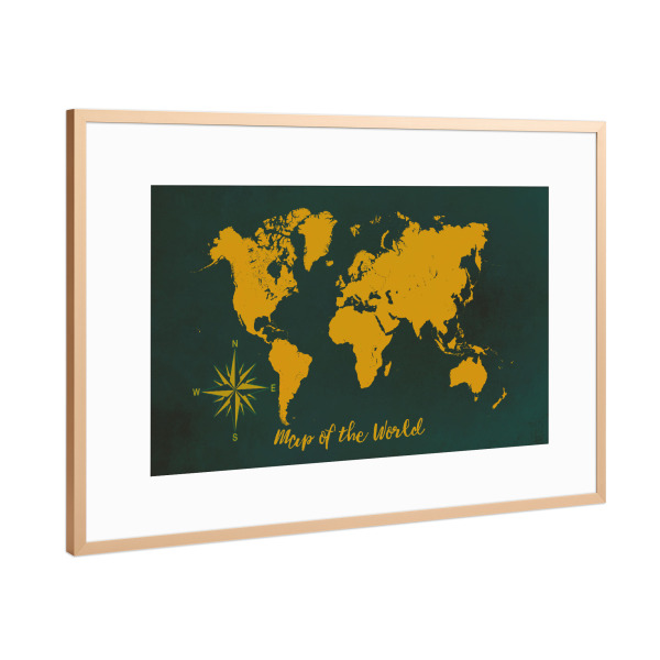 Poster mit Rahmen Kupfer "World map yellow dark green" artboxONE - Reise,Kartografie