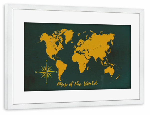 Poster mit Rahmen weiß "World map yellow dark green" artboxONE - Reise,Kartografie