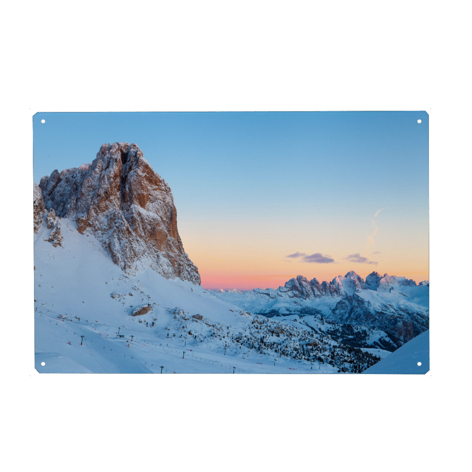 Holzbild "Magia dell'alba" artboxONE - Natur,Reise,Reise / Länder - Dolomiti,Italia,Val di fassa,Alba,Natural light,Colori,Neve,Sassolungo,Alpi,Sci