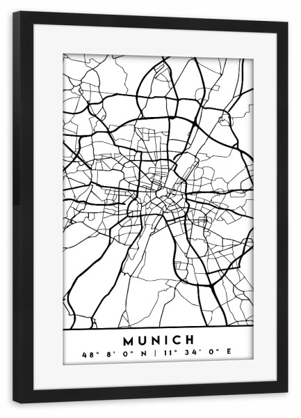 Poster mit Rahmen schwarz "MUNICH GERMANY BLACK CITY MAP" artboxONE - Städte,Städte / München,Schwarzweiß,Kartografie