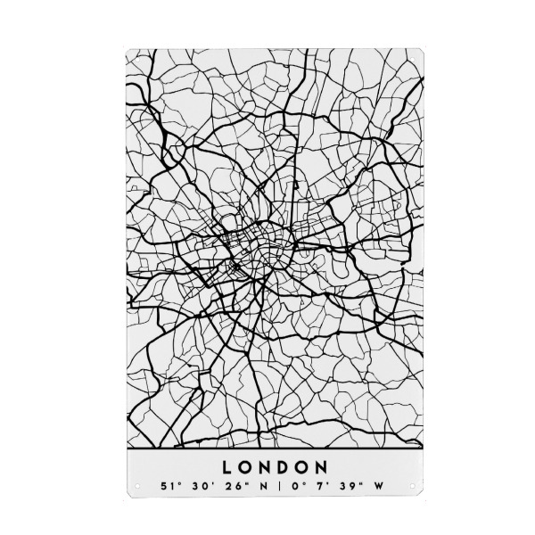 Metall Poster "LONDON ENGLAND BLACK CITY MAP" artboxONE - Städte,Städte / London,Schwarzweiß,Kartografie