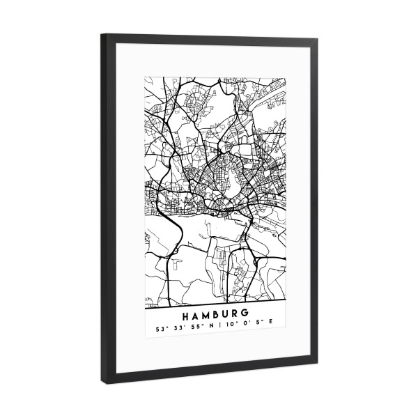 Poster mit Rahmen Schwarz (Metallic) "HAMBURG GERMANY BLACK CITY MAP" artboxONE - Städte,Städte / Hamburg,Schwarzweiß