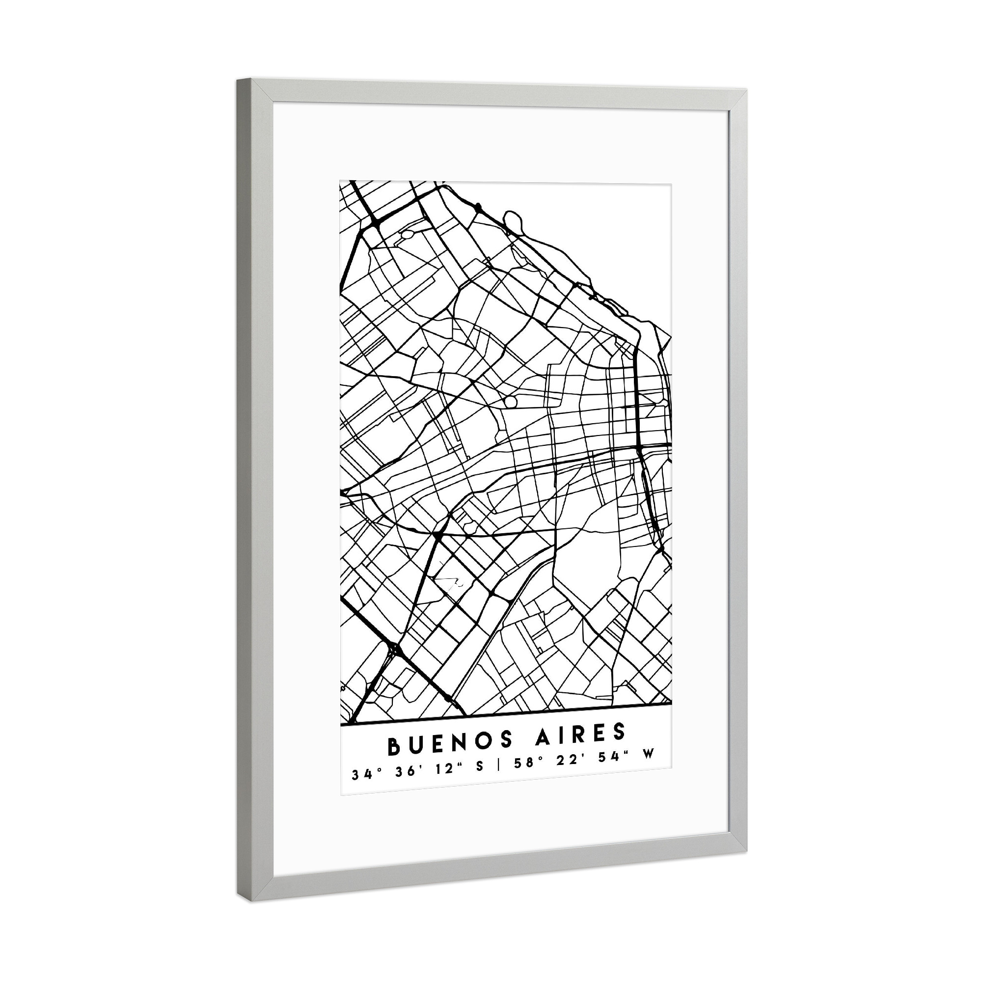Poster mit Rahmen Silber "BUENOS AIRES ARGENTINA MAP ART" artboxONE - Schwarzweiß,Städte / Weitere,Kartografie