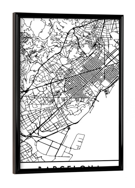 Poster mit schwarzem Rahmen "BARCELONA SPAIN BLACK CITY MAP" artboxONE - Schwarzweiß,Städte / Barcelona,Kartografie