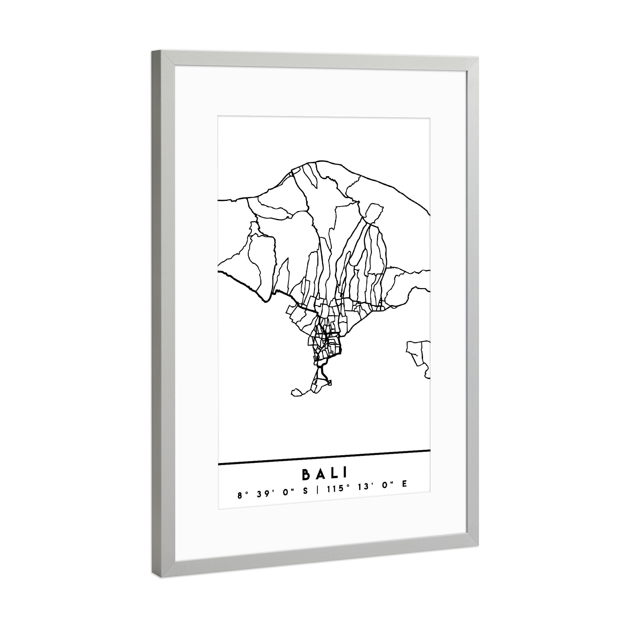 Poster mit Rahmen Silber "BALI INDONESIA BLACK CITY MAP" artboxONE - Städte,Schwarzweiß,Städte / Weitere,Kartografie