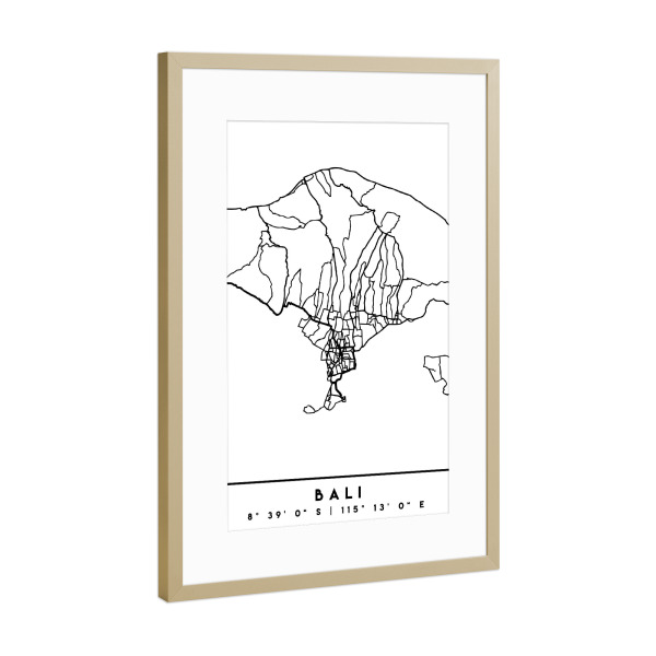 Poster mit Rahmen Gold "BALI INDONESIA BLACK CITY MAP" artboxONE - Städte,Schwarzweiß,Städte / Weitere,Kartografie