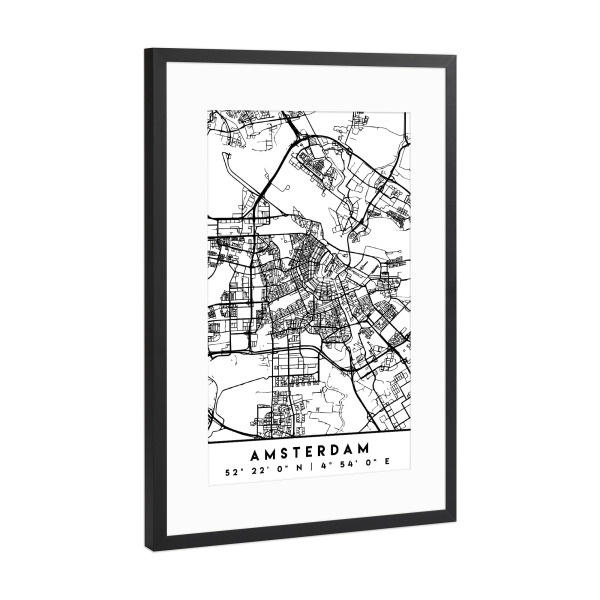 Poster mit Rahmen Schwarz (Metallic) "AMSTERDAM NETHERLANDS CITY MAP" artboxONE - Schwarzweiß,Städte / Amsterdam,Kartografie