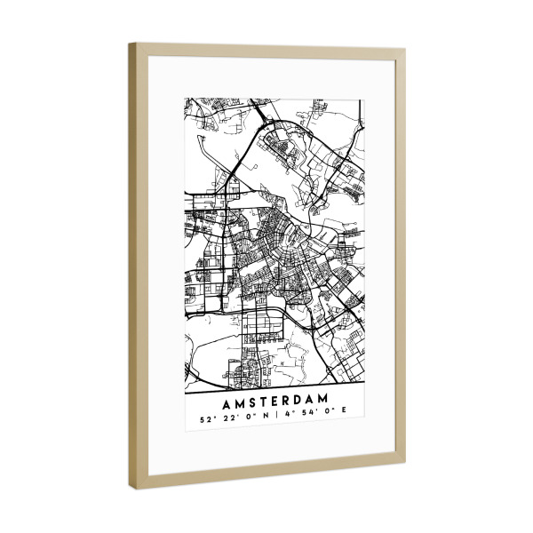 Poster mit Rahmen Gold "AMSTERDAM NETHERLANDS CITY MAP" artboxONE - Schwarzweiß,Städte / Amsterdam,Kartografie