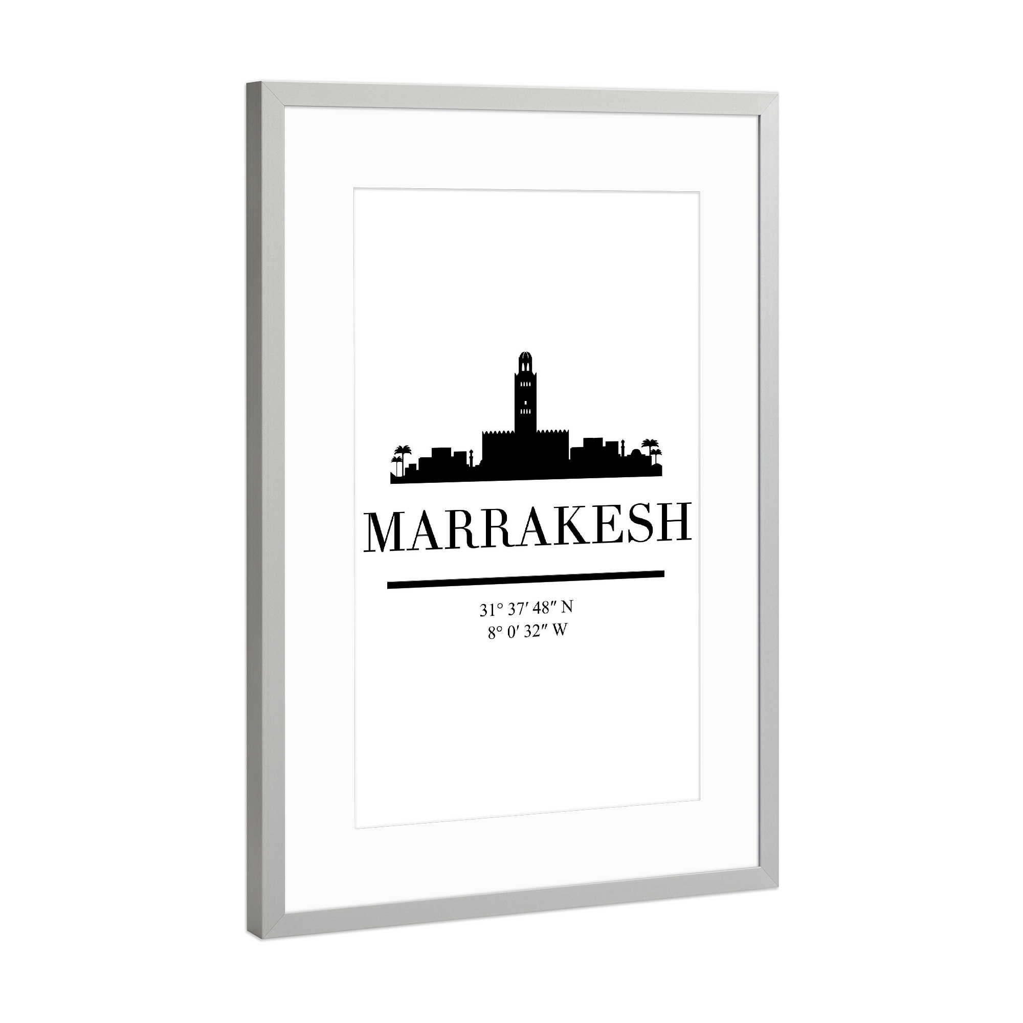 Poster mit Rahmen Silber "MARRAKESH MOROCCO BLACK SKYLINE" artboxONE - Städte,Schwarzweiß,Städte / Weitere
