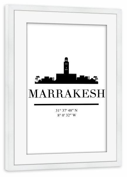Poster mit Rahmen weiß "MARRAKESH MOROCCO BLACK SKYLINE" artboxONE - Städte,Schwarzweiß,Städte / Weitere