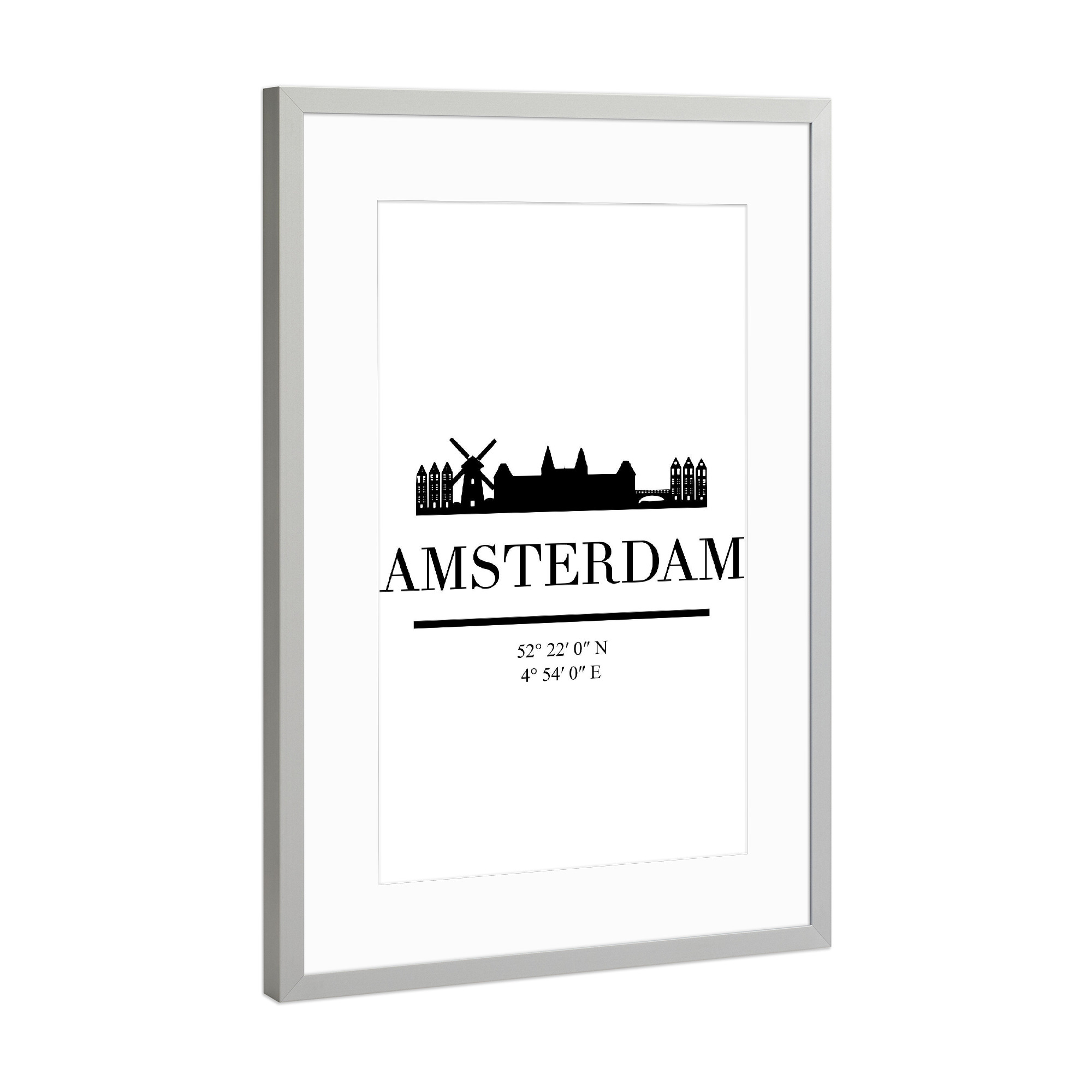 Poster mit Rahmen Silber "AMSTERDAM NETHERLANDS SKYLINE ART" artboxONE - Städte,Schwarzweiß,Städte / Amsterdam