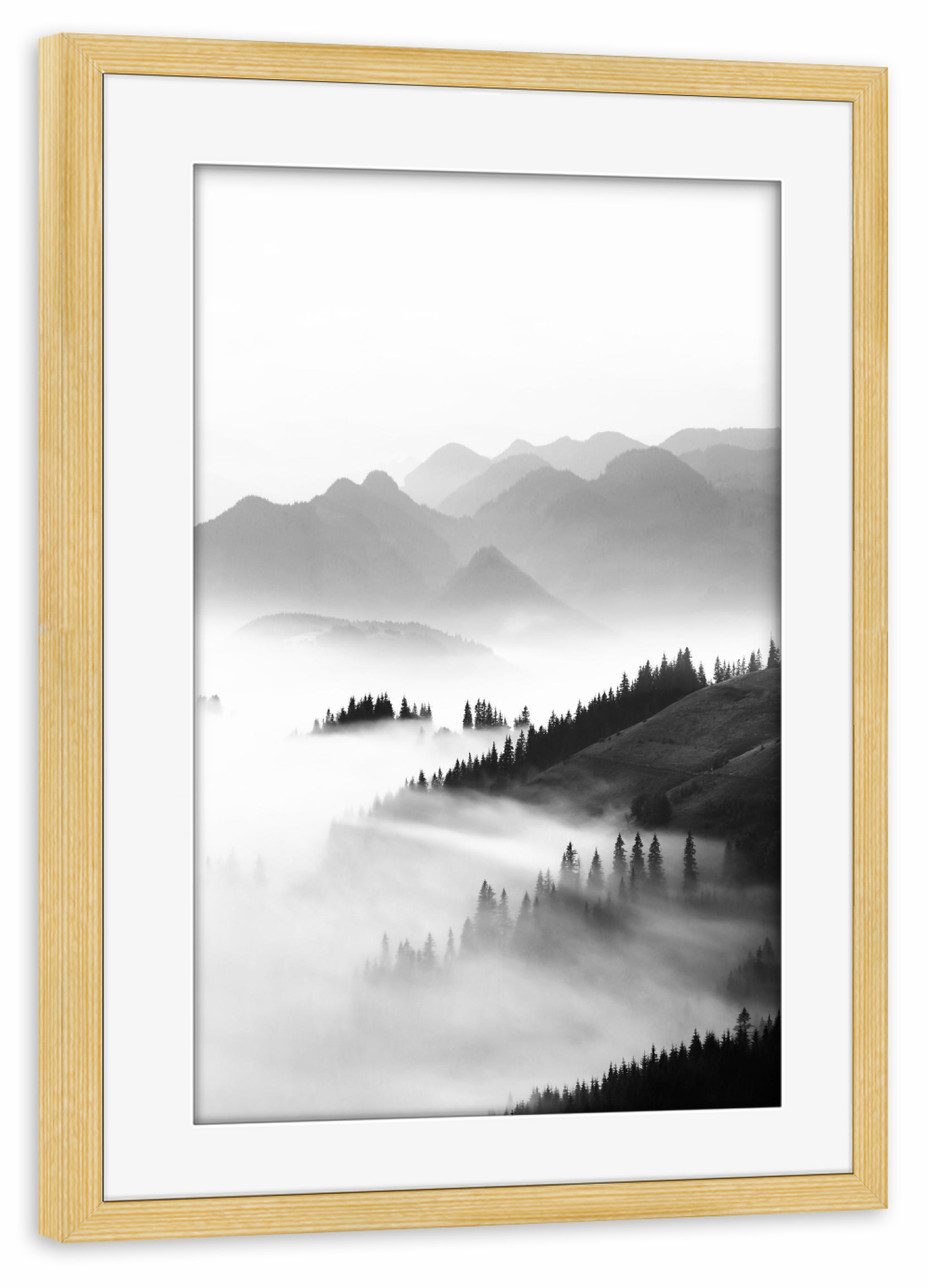 Poster mit Rahmen kiefer "Morning Sun BW" artboxONE - Natur,Reise,Schwarzweiß - Mountains,Black and white,Forest,Sun,Sun rays,Sunset