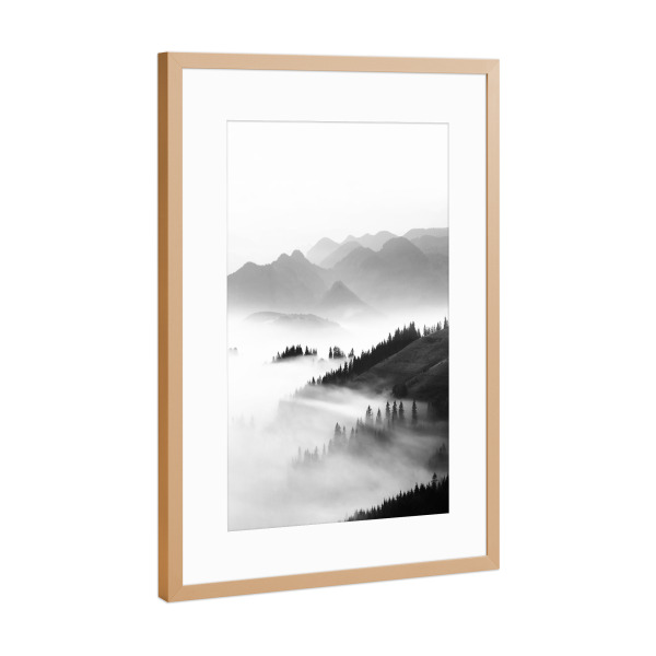 Poster mit Rahmen Kupfer "Morning Sun BW" artboxONE - Natur,Reise,Schwarzweiß - Mountains,Black and white,Forest,Sun,Sun rays,Sunset