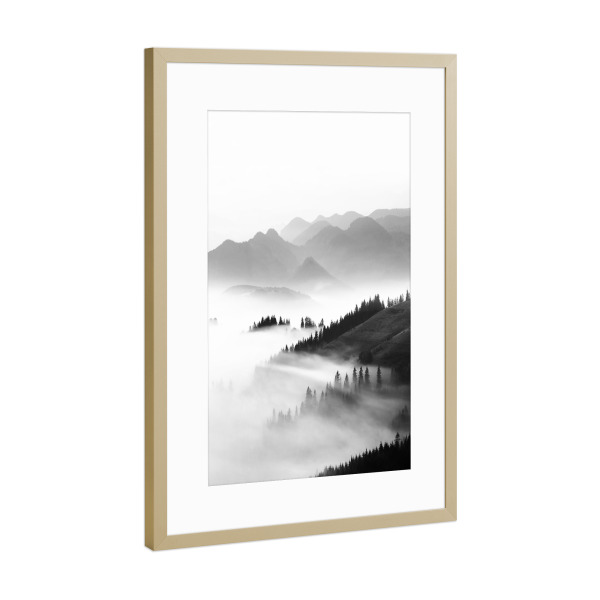 Poster mit Rahmen Gold "Morning Sun BW" artboxONE - Natur,Reise,Schwarzweiß - Mountains,Black and white,Forest,Sun,Sun rays,Sunset