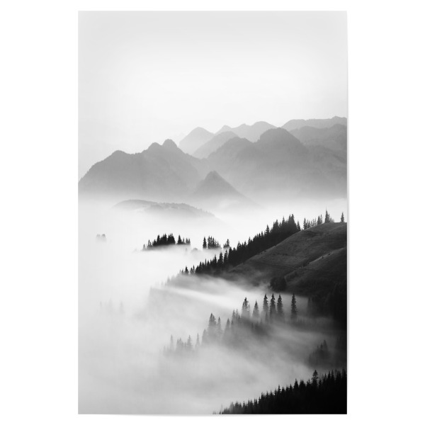 Poster 30x20 cm "Morning Sun BW" artboxONE - Natur,Reise,Schwarzweiß - Mountains,Black and white,Forest,Sun,Sun rays,Sunset