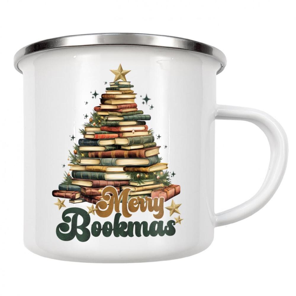 Emaille Tasse "Fröhliche Bücher im Retro-Stil" artboxONE - Abstrakt,Weihnachten,Buchstaben,Festivals