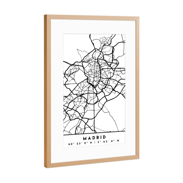 Poster mit Rahmen Kupfer "MADRID SPAIN BLACK CITY MAP" artboxONE - Städte,Schwarzweiß,Städte / Weitere,Kartografie - Madrid,Spain,Map,Coordinates