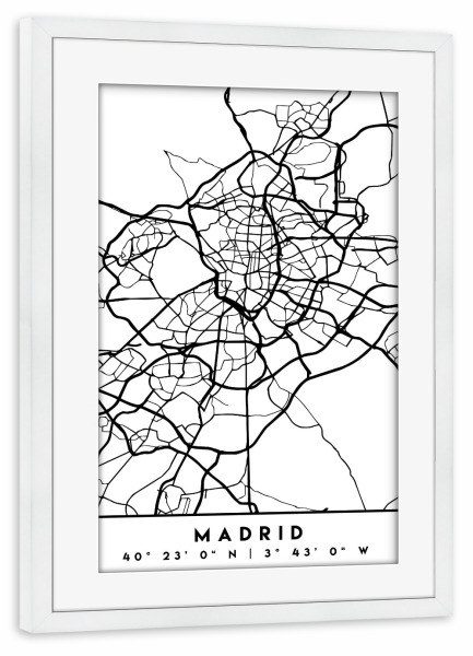 Poster mit Rahmen weiß "MADRID SPAIN BLACK CITY MAP" artboxONE - Städte,Schwarzweiß,Städte / Weitere,Kartografie - Madrid,Spain,Map,Coordinates