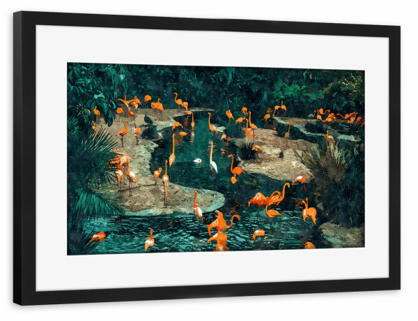 Poster mit Rahmen schwarz "Flamingo Creek" artboxONE - Tiere - Flamingo,Tropical,Exotic,Animals,Island,River