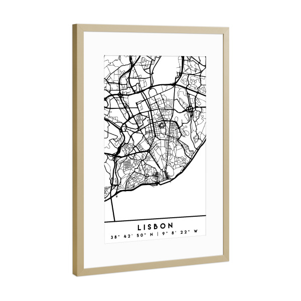 Poster mit Rahmen Gold "LISBON PORTUGAL BLACK CITY MAP" artboxONE - Städte,Schwarzweiß,Städte / Weitere,Kartografie