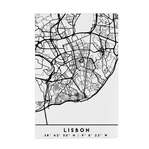 Metall Poster "LISBON PORTUGAL BLACK CITY MAP" artboxONE - Städte,Schwarzweiß,Städte / Weitere,Kartografie - Lisbon,Lisboa,Portugal,Map,Coordinates