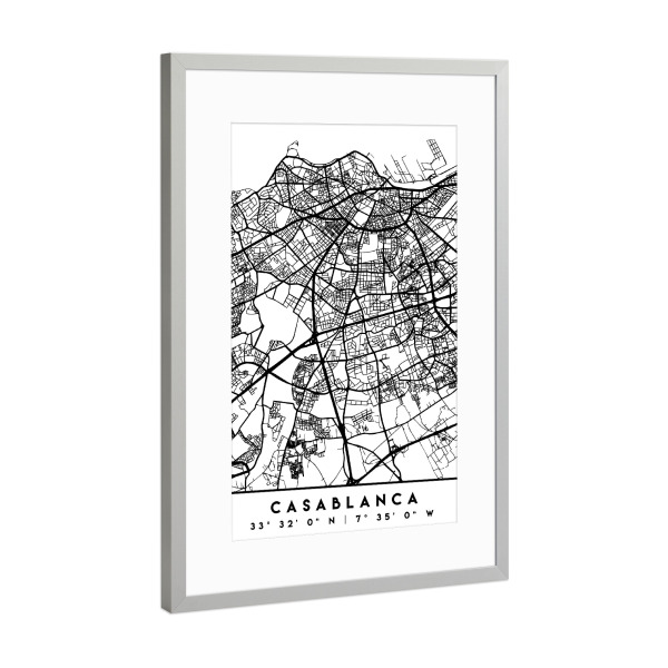 Poster mit Rahmen Silber "CASABLANCA MOROCCO BLACK CITY MAP" artboxONE - Städte,Schwarzweiß,Städte / Weitere,Kartografie