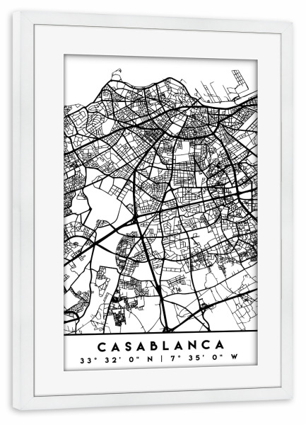 Poster mit Rahmen weiß "CASABLANCA MOROCCO BLACK CITY MAP" artboxONE - Städte,Schwarzweiß,Städte / Weitere,Kartografie