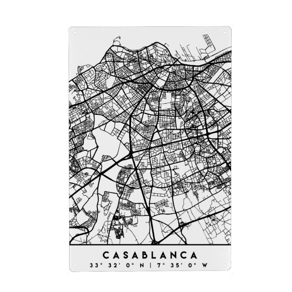 Holzbild "CASABLANCA MOROCCO BLACK CITY MAP" artboxONE - Städte,Schwarzweiß,Städte / Weitere,Kartografie - Casablanca,Morocco,Africa,Map,Coordinates