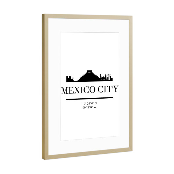 Poster mit Rahmen Gold "MEXICO CITY MEXICO BLACK SKYLINE" artboxONE - Städte,Schwarzweiß,Städte / Weitere