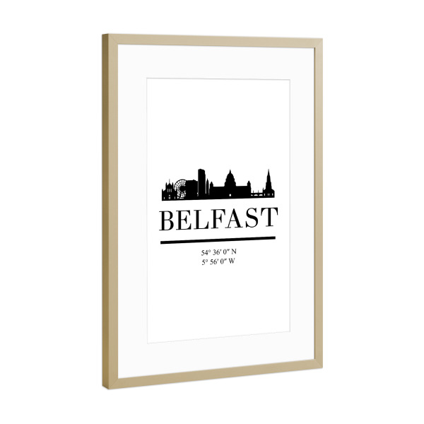 Poster mit Rahmen Gold "BELFAST UK BLACK SKYLINE ART" artboxONE - Städte,Schwarzweiß,Städte / Weitere - Belfast,Ireland,Skyline,Silhouette,Coordinates