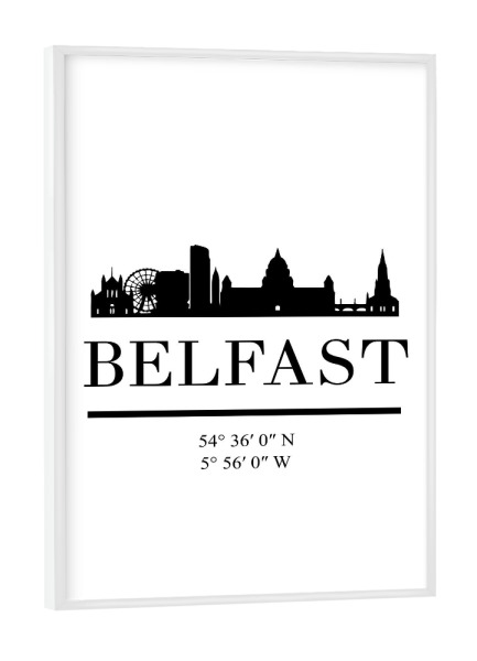 Poster mit weißem Rahmen "BELFAST UK BLACK SKYLINE ART" artboxONE - Städte,Schwarzweiß,Städte / Weitere