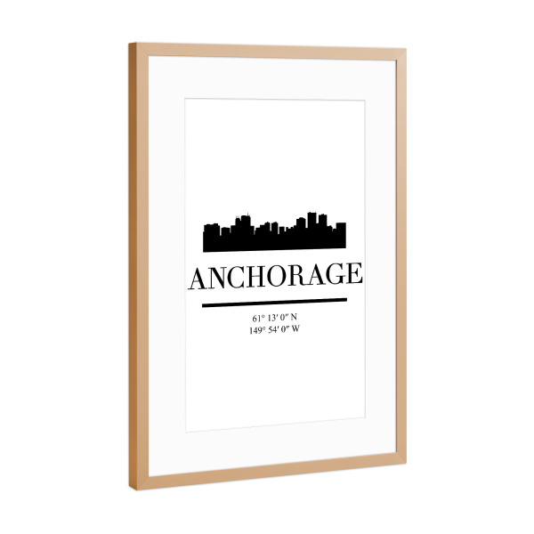 Poster mit Rahmen Kupfer "ANCHORAGE ALASKA BLACK SKYLINE ART" artboxONE - Städte,Schwarzweiß,Städte / Weitere