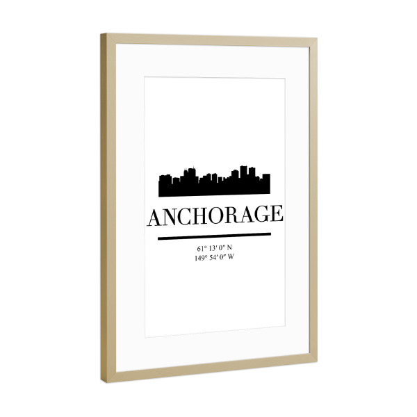 Poster mit Rahmen Gold "ANCHORAGE ALASKA BLACK SKYLINE ART" artboxONE - Städte,Schwarzweiß,Städte / Weitere