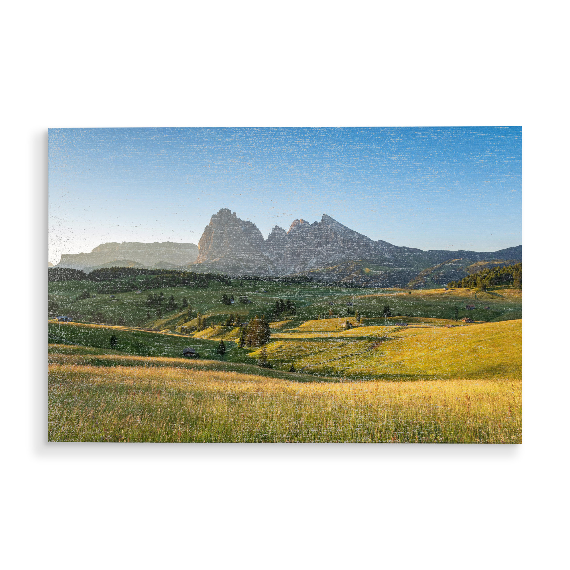 Holzbild "Seiser Alm - Alpe di Siusi" artboxONE - Natur - Dolomiten,Alpen,Italien,Seiser alm,Langkofel,Plattkofel,Sassolungo