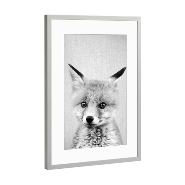 Poster mit Rahmen Silber "Baby Fox - Black & White" artboxONE - Tiere,Schwarzweiß - Animal,Fox,Bab fox,Portrait
