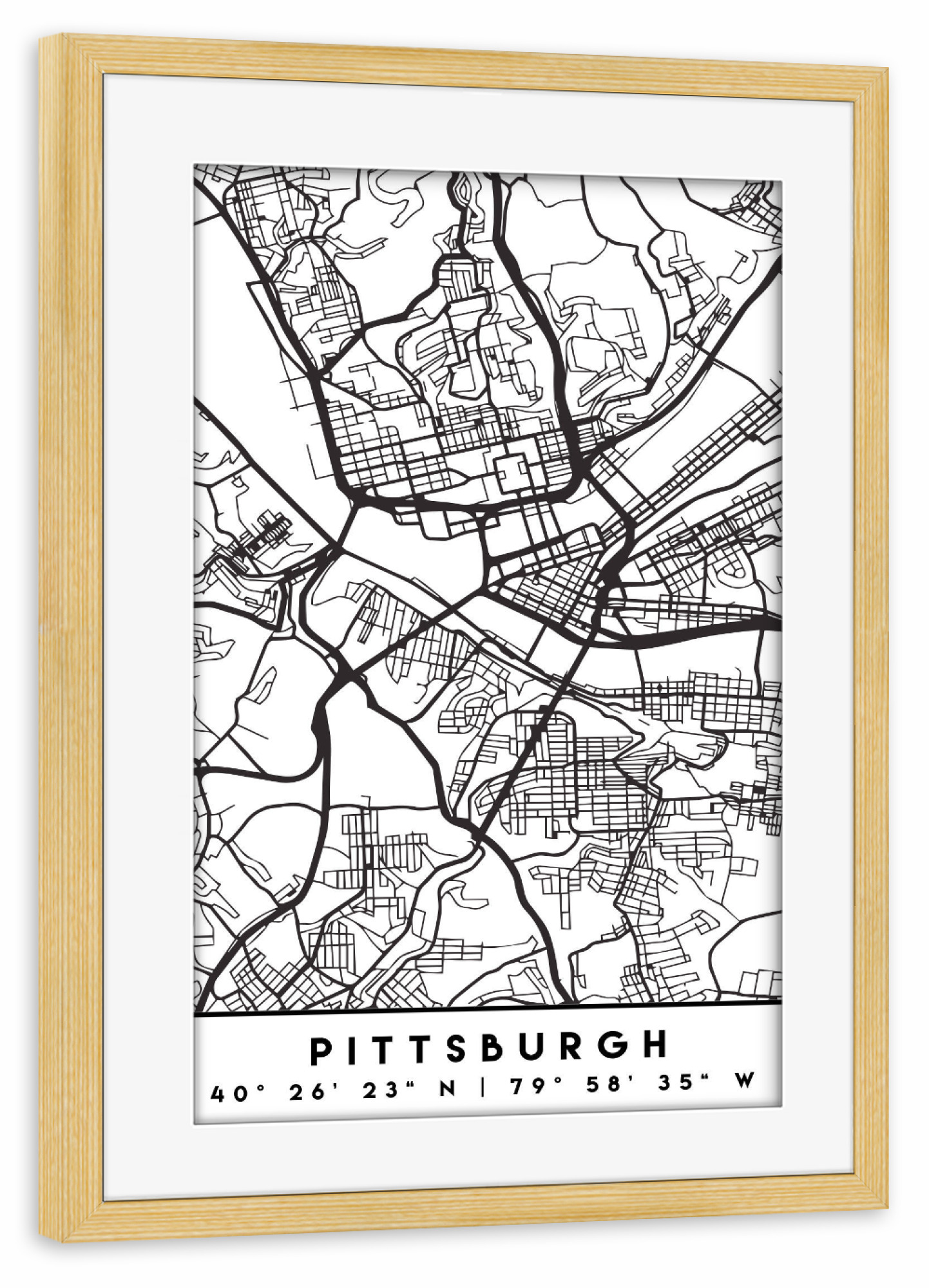 Poster mit Rahmen kiefer "PITTSBURGH PENNSYLVANIA CITY MAP" artboxONE - Städte,Reise,Schwarzweiß,Städte / Weitere,Kartografie