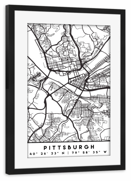 Poster mit Rahmen schwarz "PITTSBURGH PENNSYLVANIA CITY MAP" artboxONE - Städte,Reise,Schwarzweiß,Städte / Weitere,Kartografie
