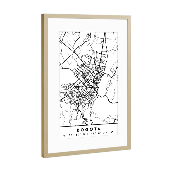 Poster mit Rahmen Gold "BOGOTA COLOMBIA BLACK CITY MAP" artboxONE - Städte,Schwarzweiß,Städte / Weitere,Kartografie