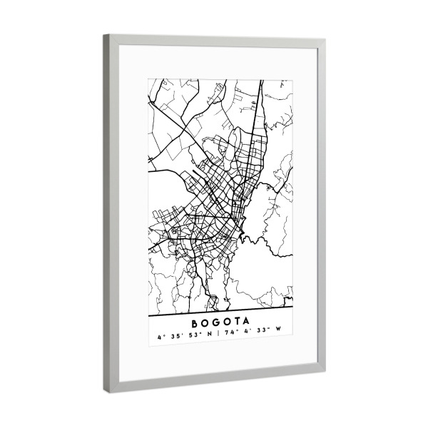 Poster mit Rahmen Silber "BOGOTA COLOMBIA BLACK CITY MAP" artboxONE - Städte,Schwarzweiß,Städte / Weitere,Kartografie