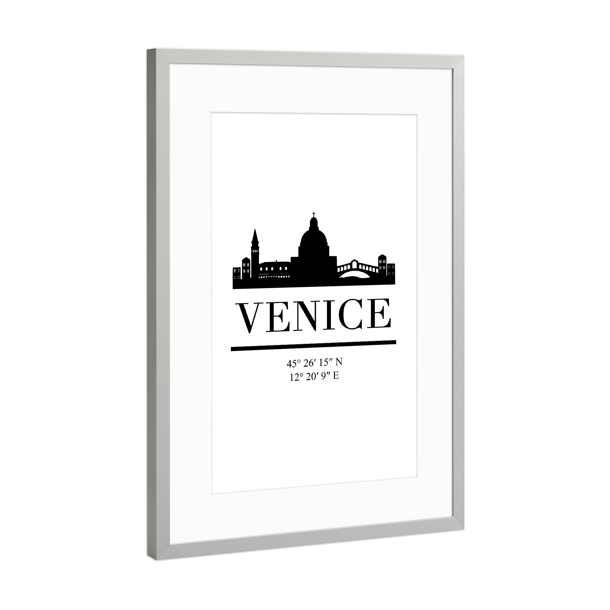 Poster mit Rahmen Silber "VENICE ITALY BLACK SKYLINE ART" artboxONE - Städte,Schwarzweiß,Städte / Venedig - Venice,Italy,Skyline,Coordinates