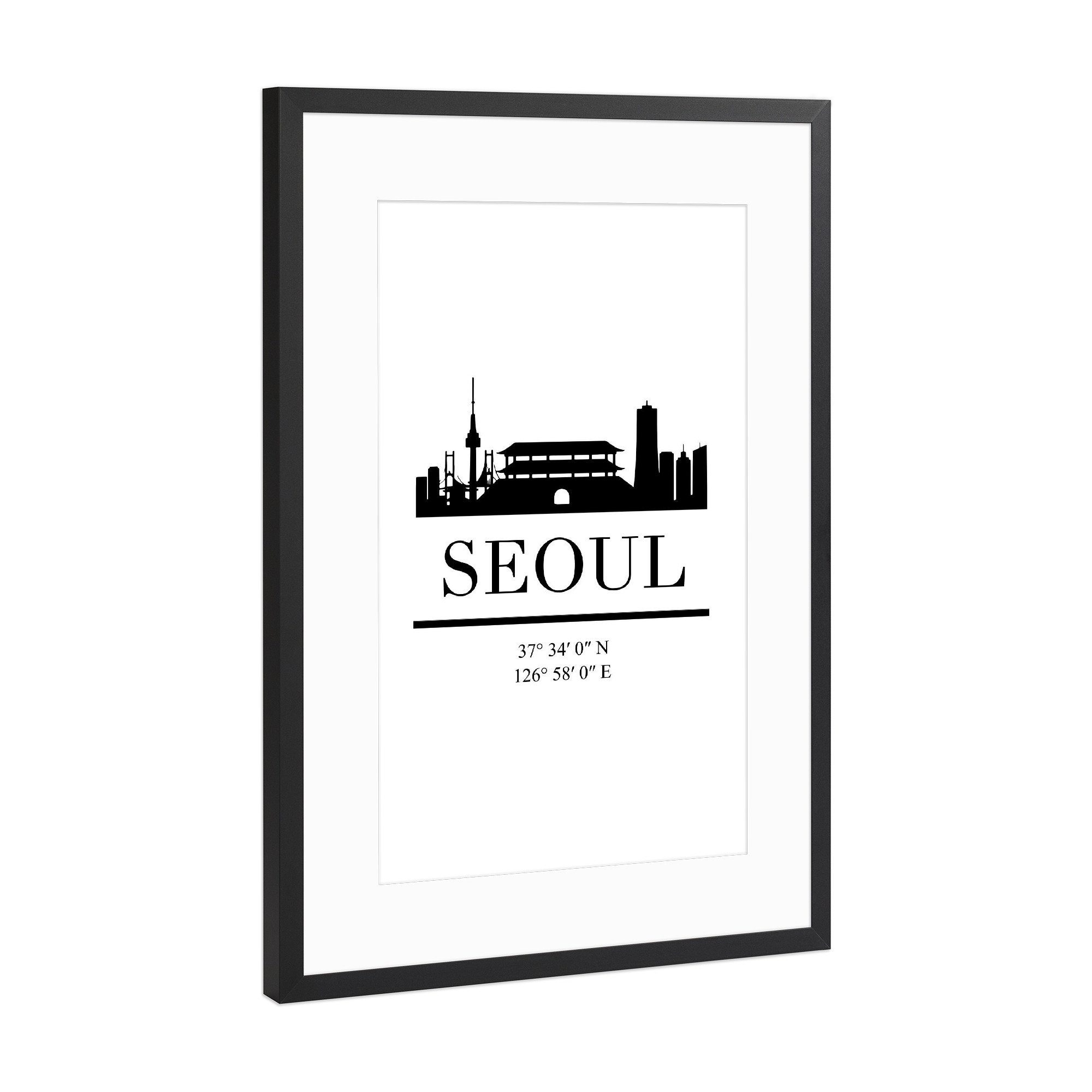 Poster mit Rahmen Schwarz (Metallic) "SEOUL SOUTH KOREA BLACK SKYLINE" artboxONE - Städte,Schwarzweiß,Städte / Weitere
