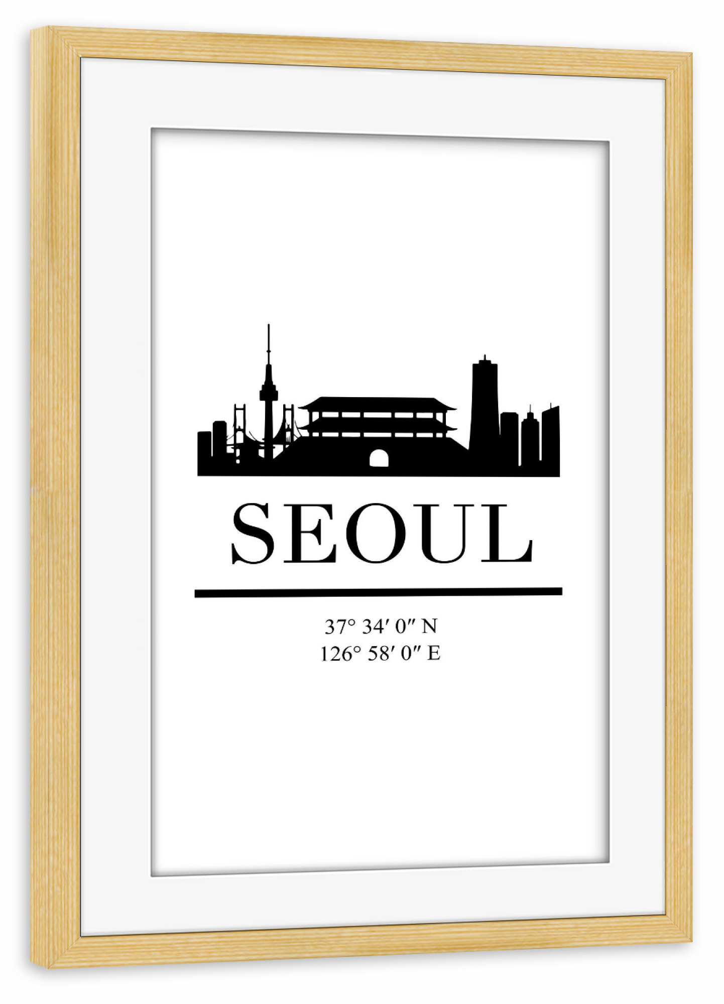 Poster mit Rahmen kiefer "SEOUL SOUTH KOREA BLACK SKYLINE" artboxONE - Städte,Schwarzweiß,Städte / Weitere